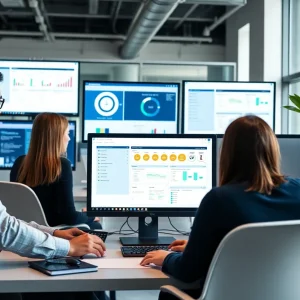 Professionals using digital case management tools in an office setting