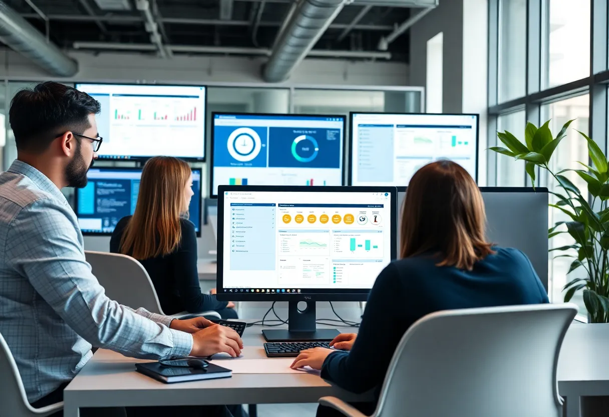 Professionals using digital case management tools in an office setting