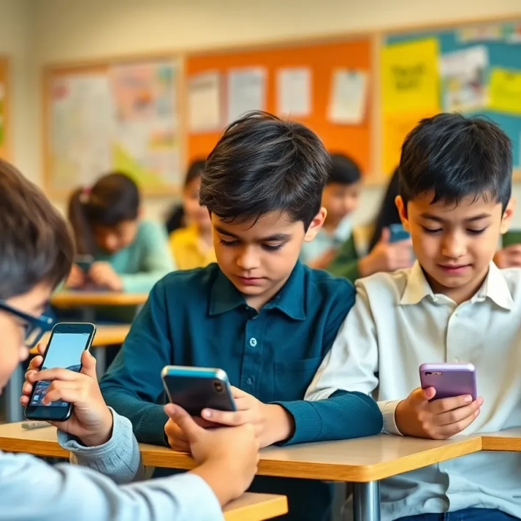 Students using cellphones in a classroom setting
