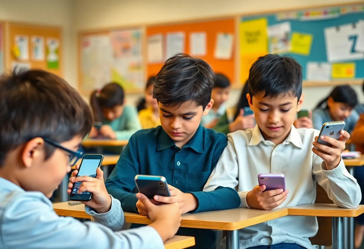 Students using cellphones in a classroom setting