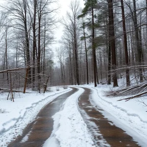 Winter landscape showing closed trails with downed trees