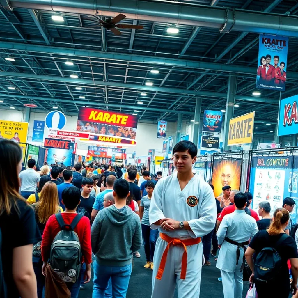 Comic convention scene with fans celebrating 'Cobra Kai'
