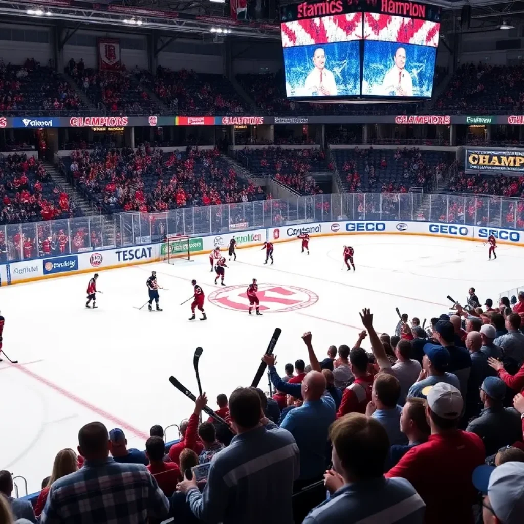 College hockey players celebrating on the ice during a championship event.
