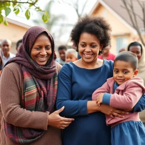 Community members advocating for family housing programs with banners.