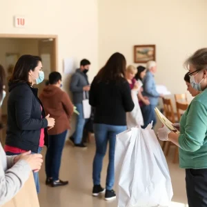 Volunteers assisting wildfire survivors in a community center