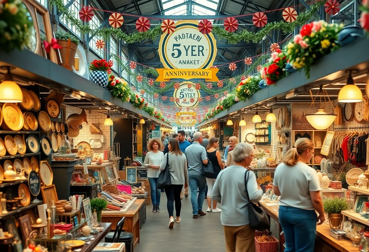 Shoppers enjoying the Cottonwood Market anniversary event with vintage and modern products.