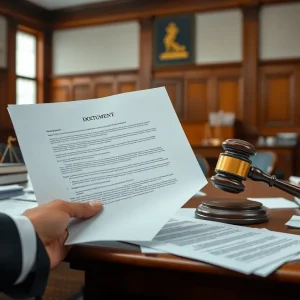 A legal document on a table in a courtroom setting, representing a lawsuit.