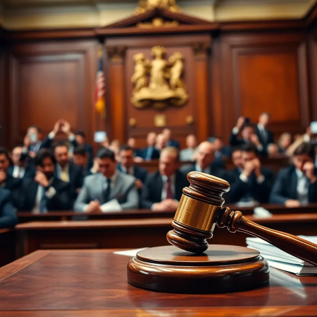 A chaotic courtroom scene with a gavel and legal documents