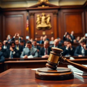 A chaotic courtroom scene with a gavel and legal documents