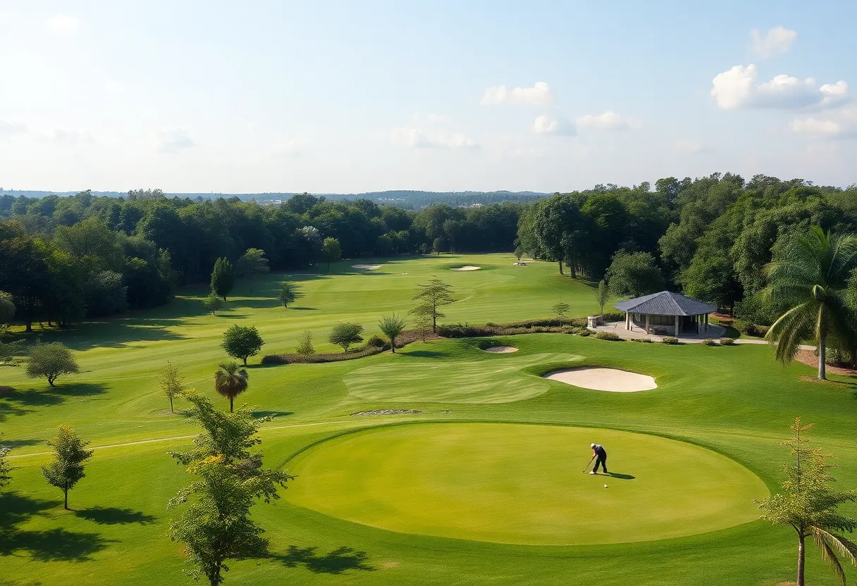 Lush greens of Dearborn Hills Golf Course with the clubhouse