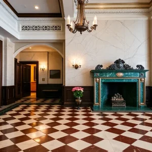 Historic lobby of the Dearborn Inn showcasing marble flooring.