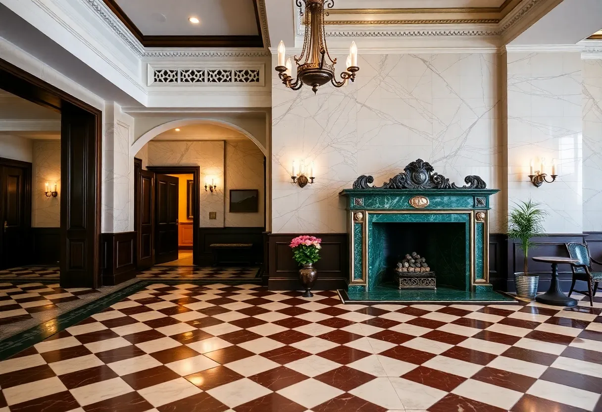 Historic lobby of the Dearborn Inn showcasing marble flooring.
