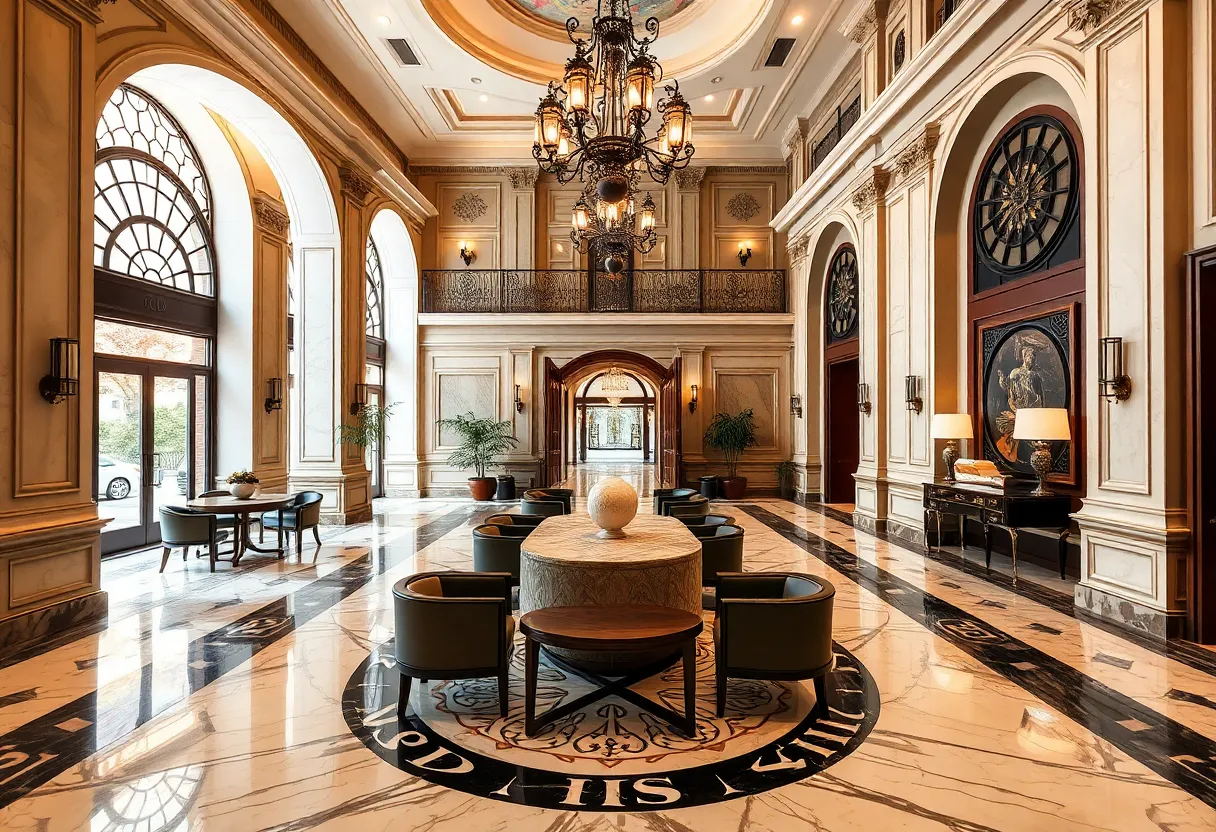 Elegant lobby of the Dearborn Inn showcasing historical design elements.