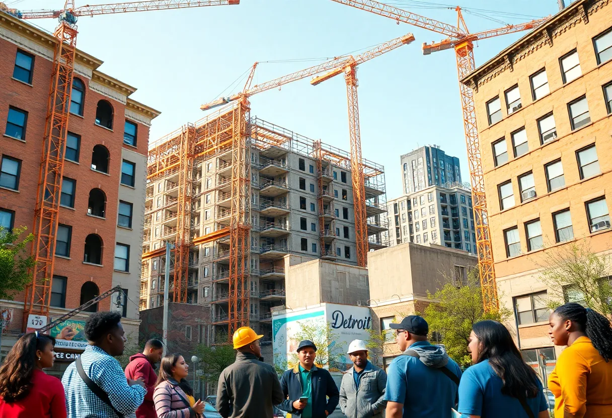A modern affordable housing complex in Detroit with families enjoying the community.