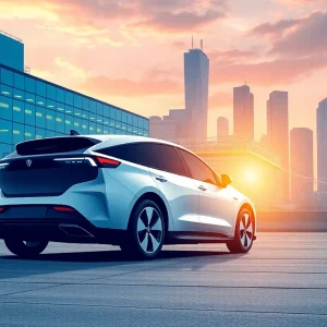 Modern auto manufacturing plant in Detroit with electric car