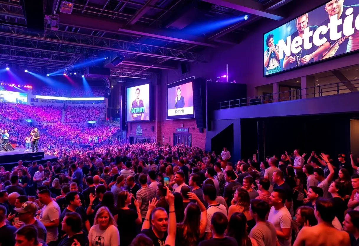 Various music venues in Detroit showcasing lively crowds and performances.