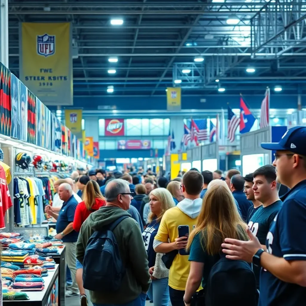 Fans enjoying the Detroit Sports Spectacular with booths of sports memorabilia