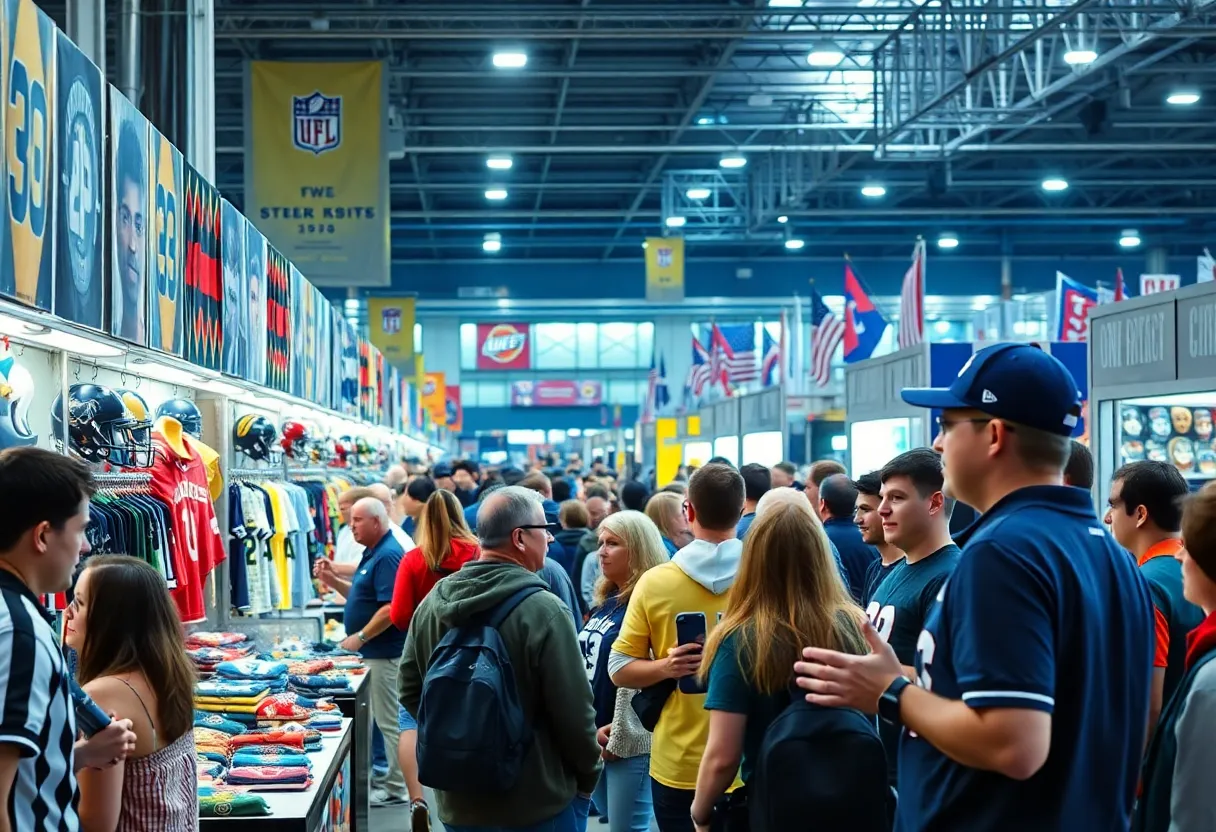 Fans enjoying the Detroit Sports Spectacular with booths of sports memorabilia