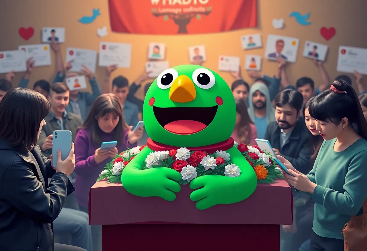 Duolingo mascot Duo at a funeral surrounded by users engaging in language learning.
