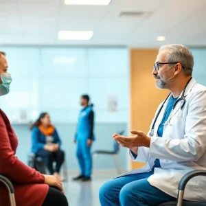 Healthcare professionals working together in a modern office environment.
