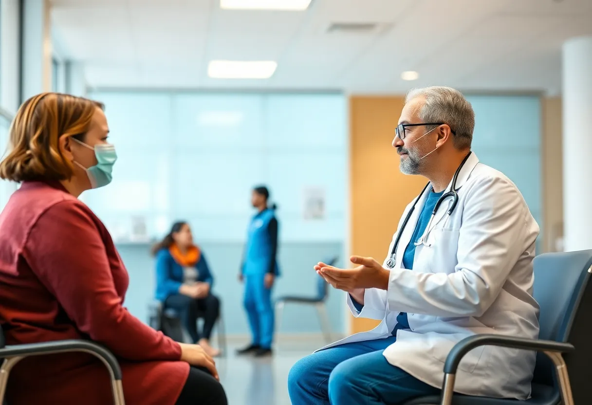 Healthcare professionals working together in a modern office environment.