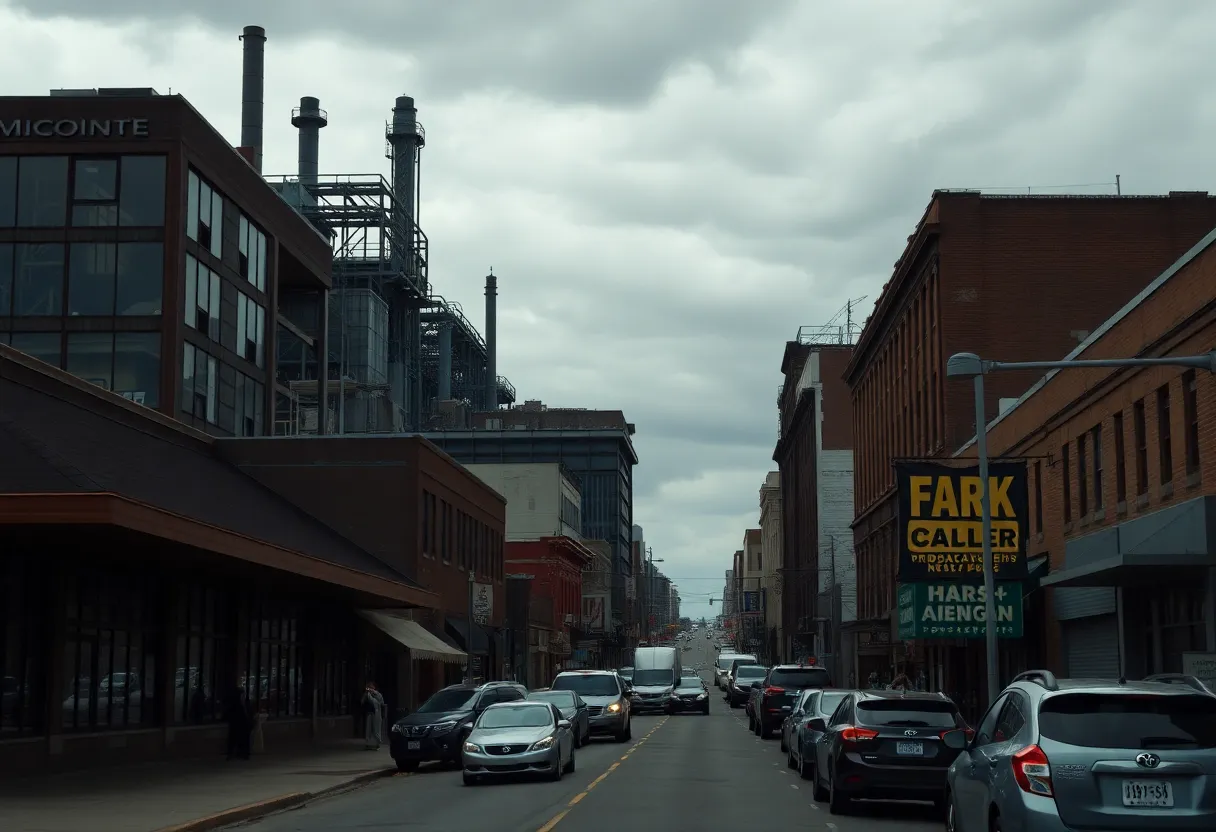 Cityscape of Flint, Michigan with auto manufacturing plants