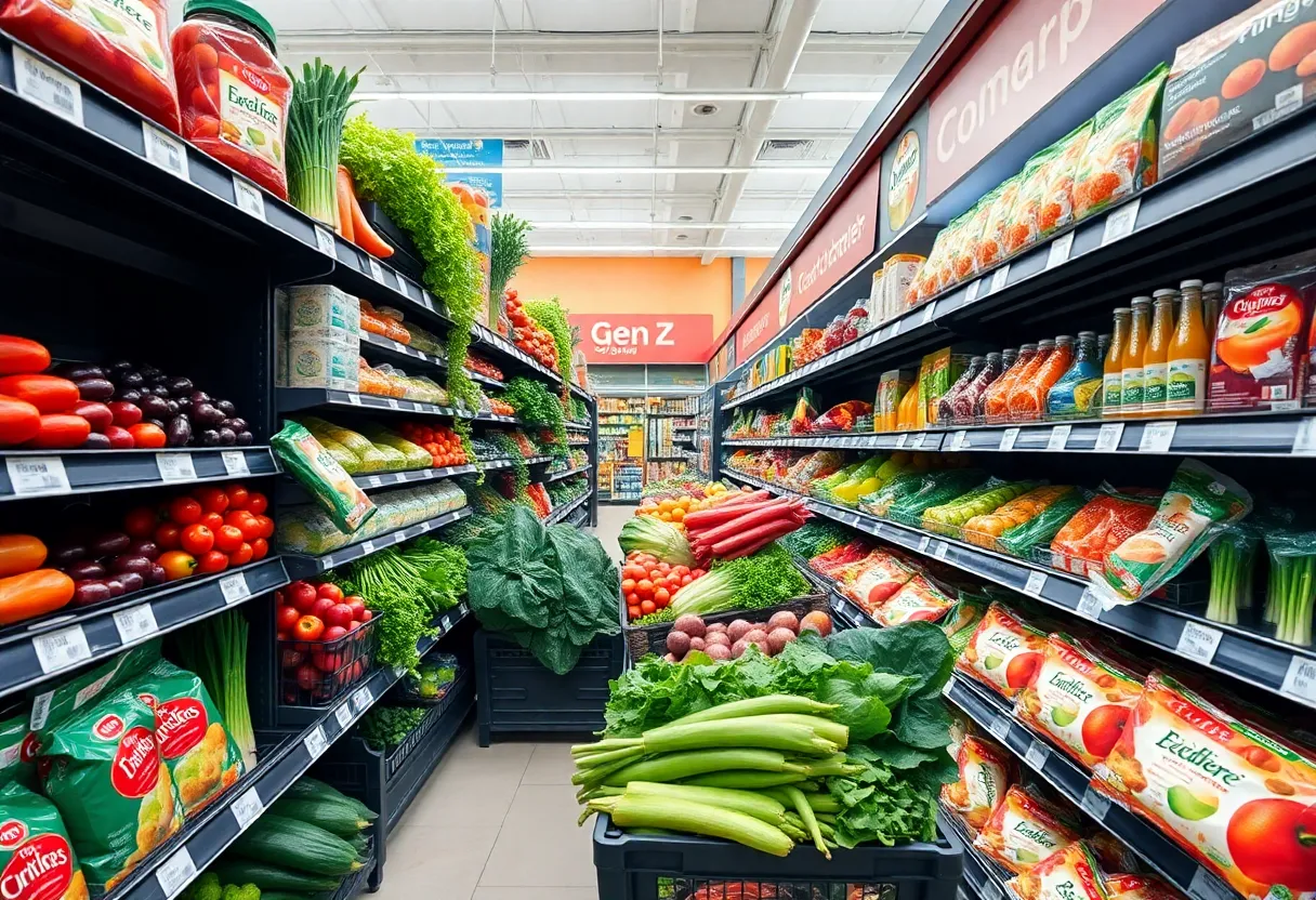 Vibrant grocery aisle appealing to Gen Z consumers