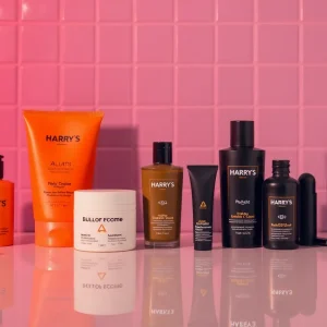 Display of Harry's men's grooming products with a humorous theme.