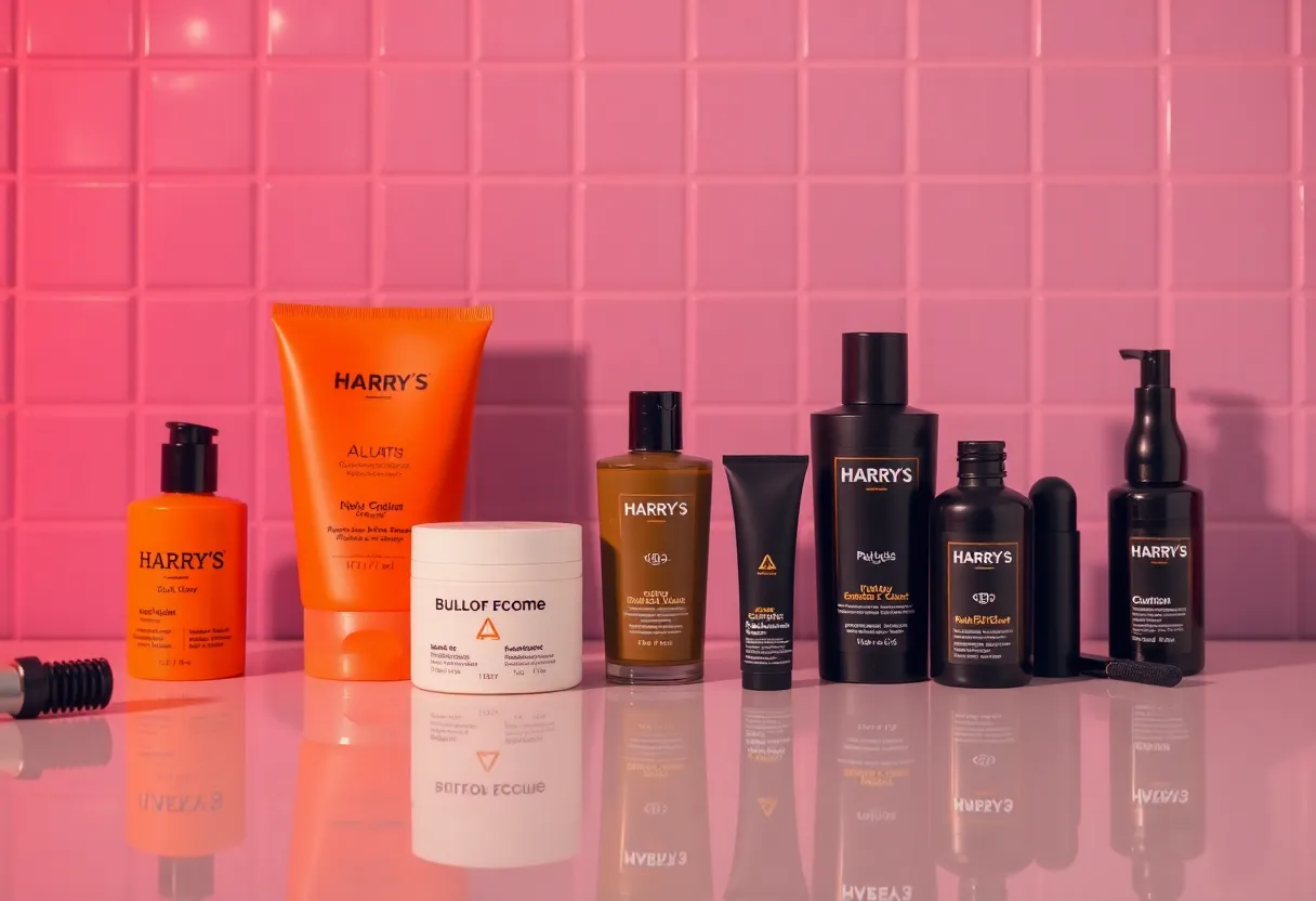 Display of Harry's men's grooming products with a humorous theme.