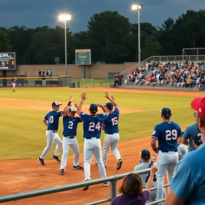 Hartland Eagles baseball team celebrating a walk-off win on the field