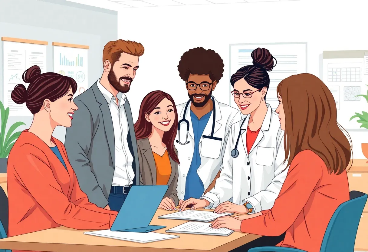 Healthcare professionals working together in a rehabilitation setting.