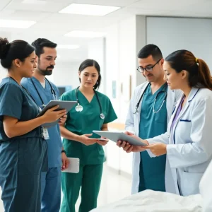 A healthcare professional using digital tools to support patient care transitions.