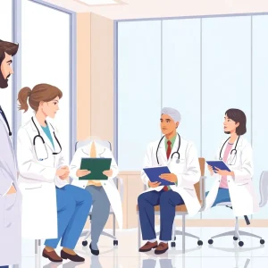 Healthcare professionals discussing patient care in a hospital setting.