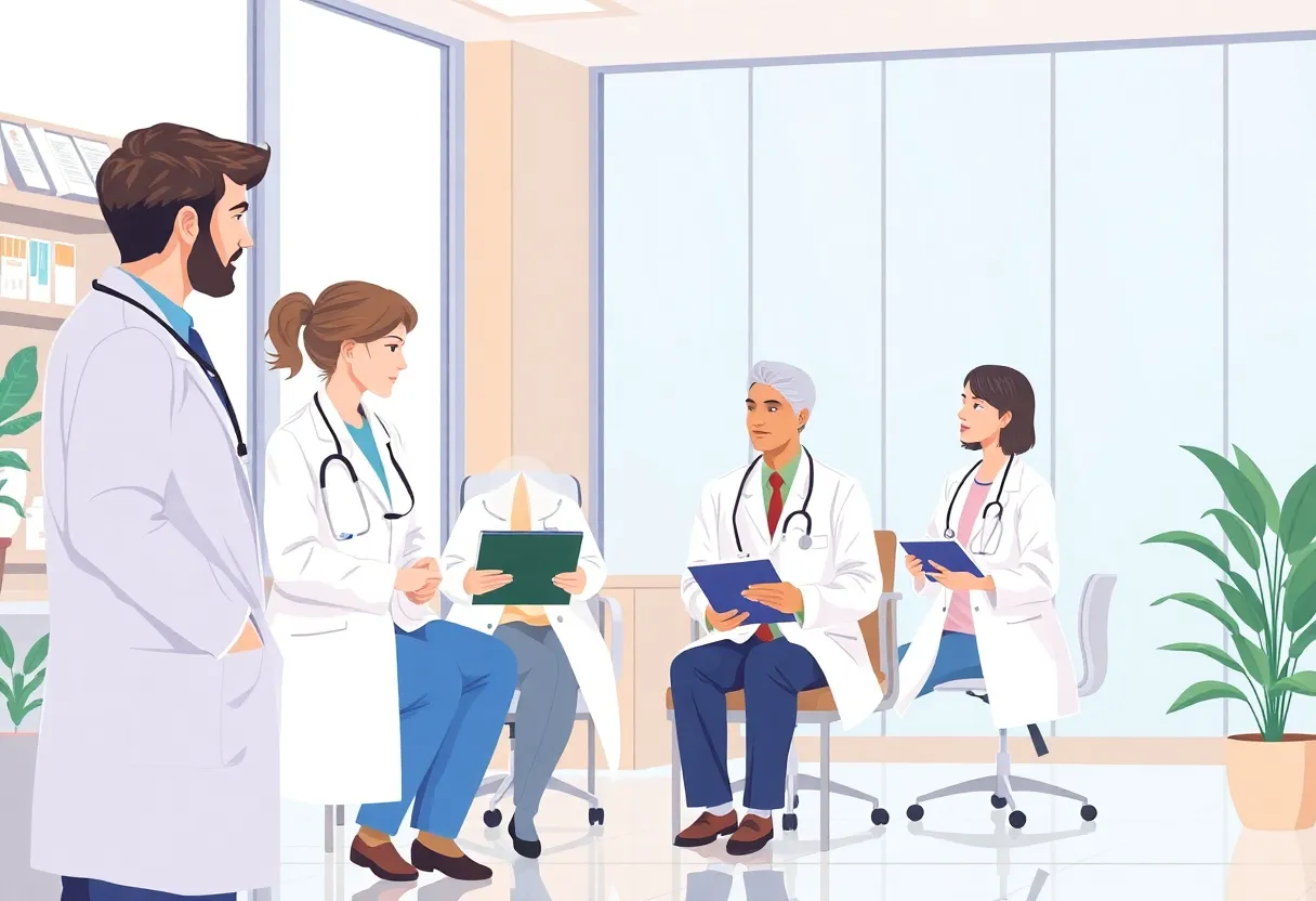 Healthcare professionals discussing patient care in a hospital setting.