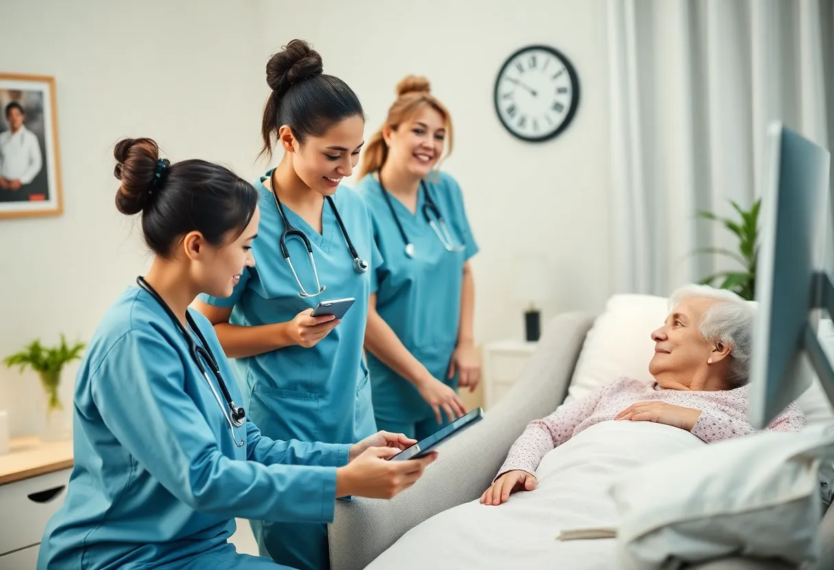 Nurse providing home health care to an elderly patient