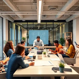 Team collaboration in a modern digital marketing office.