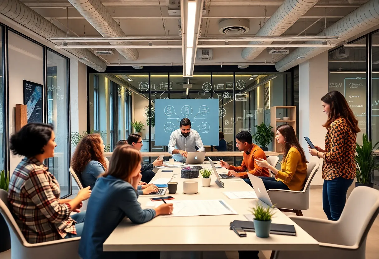 Team collaboration in a modern digital marketing office.