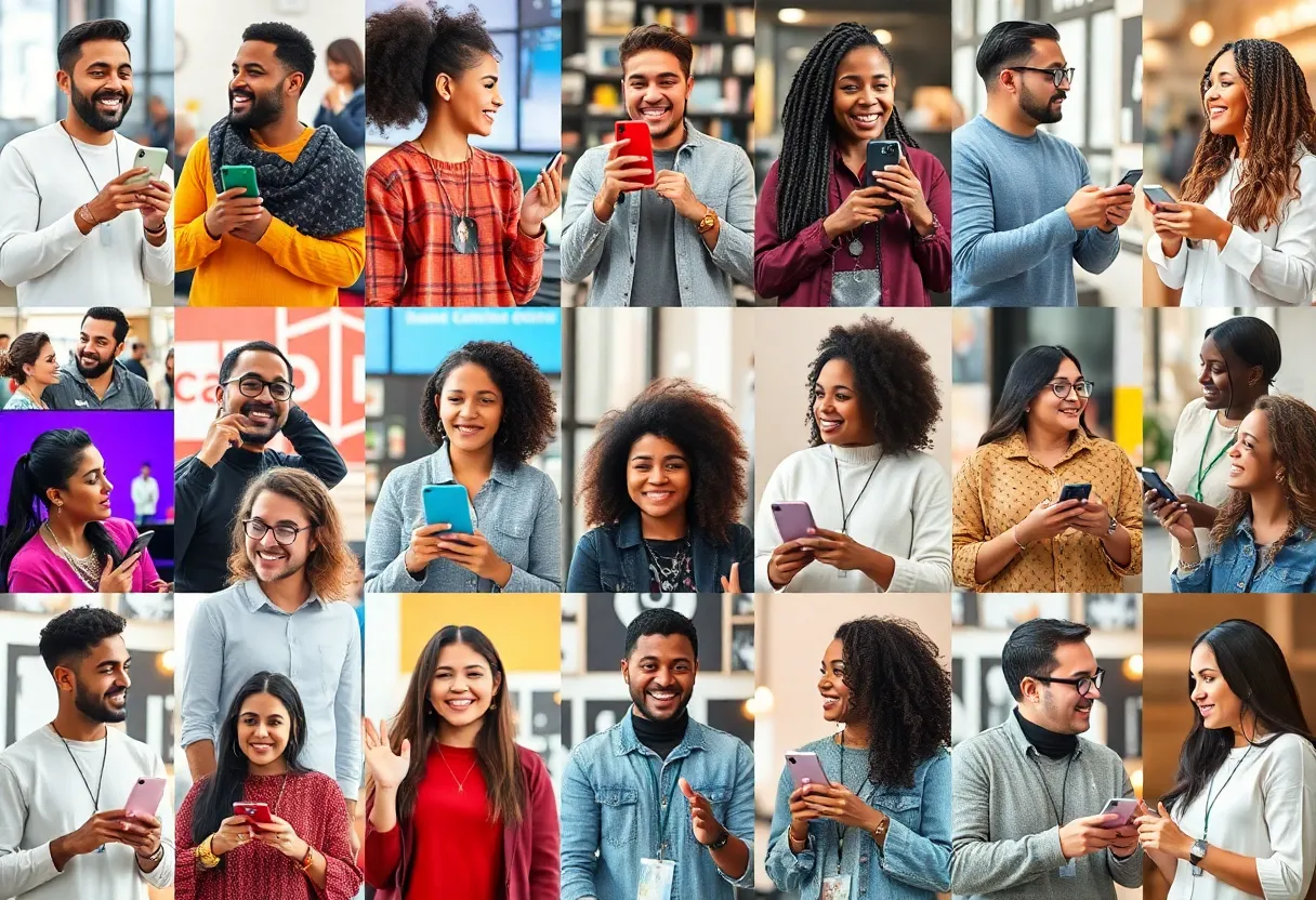 Collage of diverse influencers engaging with brands on social media platforms
