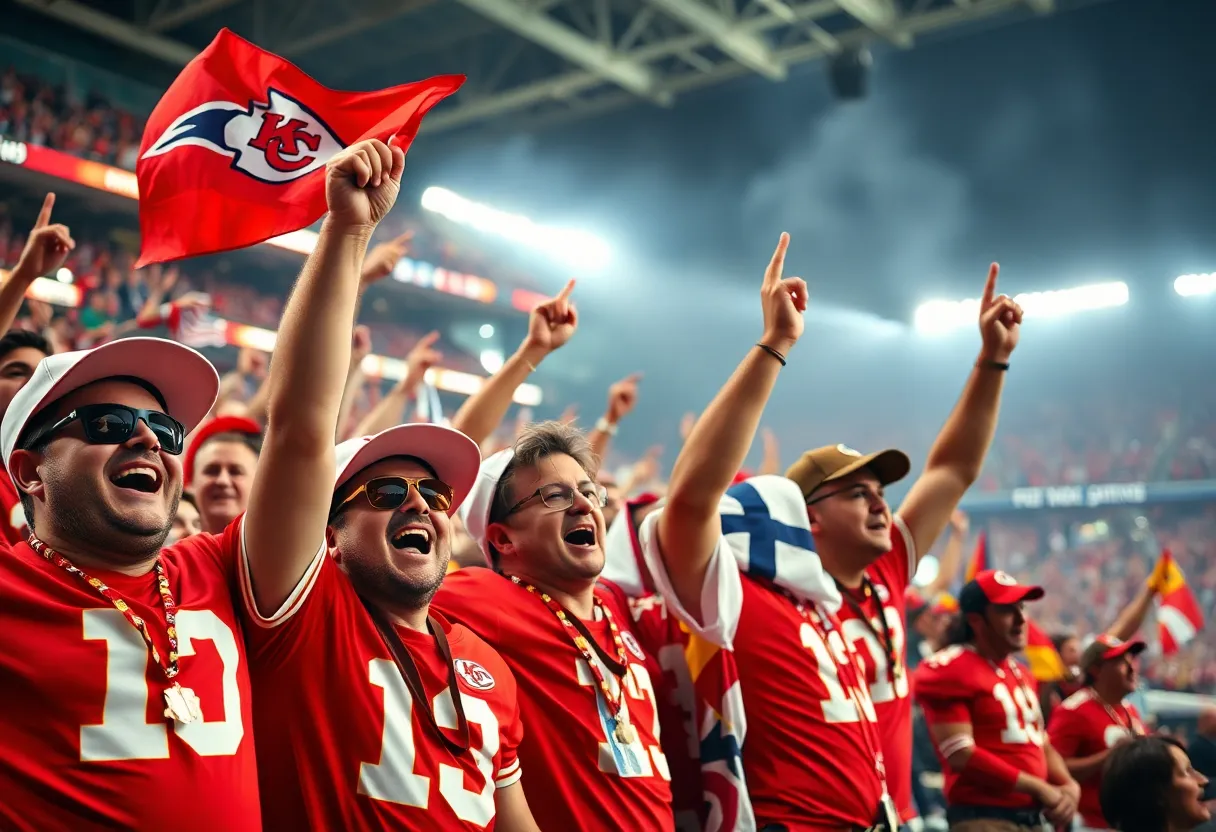 Kansas City Chiefs fans engaging in a fun atmosphere at an international football event.
