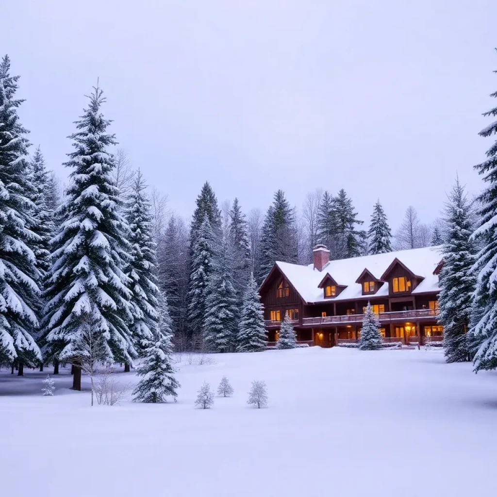 Winter landscape in Keweenaw with snow-covered trees and a lodge