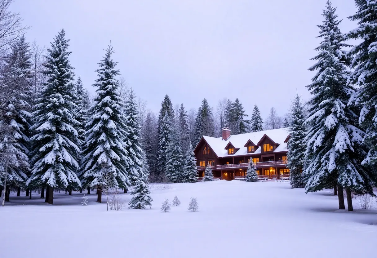 Winter landscape in Keweenaw with snow-covered trees and a lodge