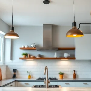 A contemporary kitchen with various lighting designs, including LED lights and vintage fixtures.