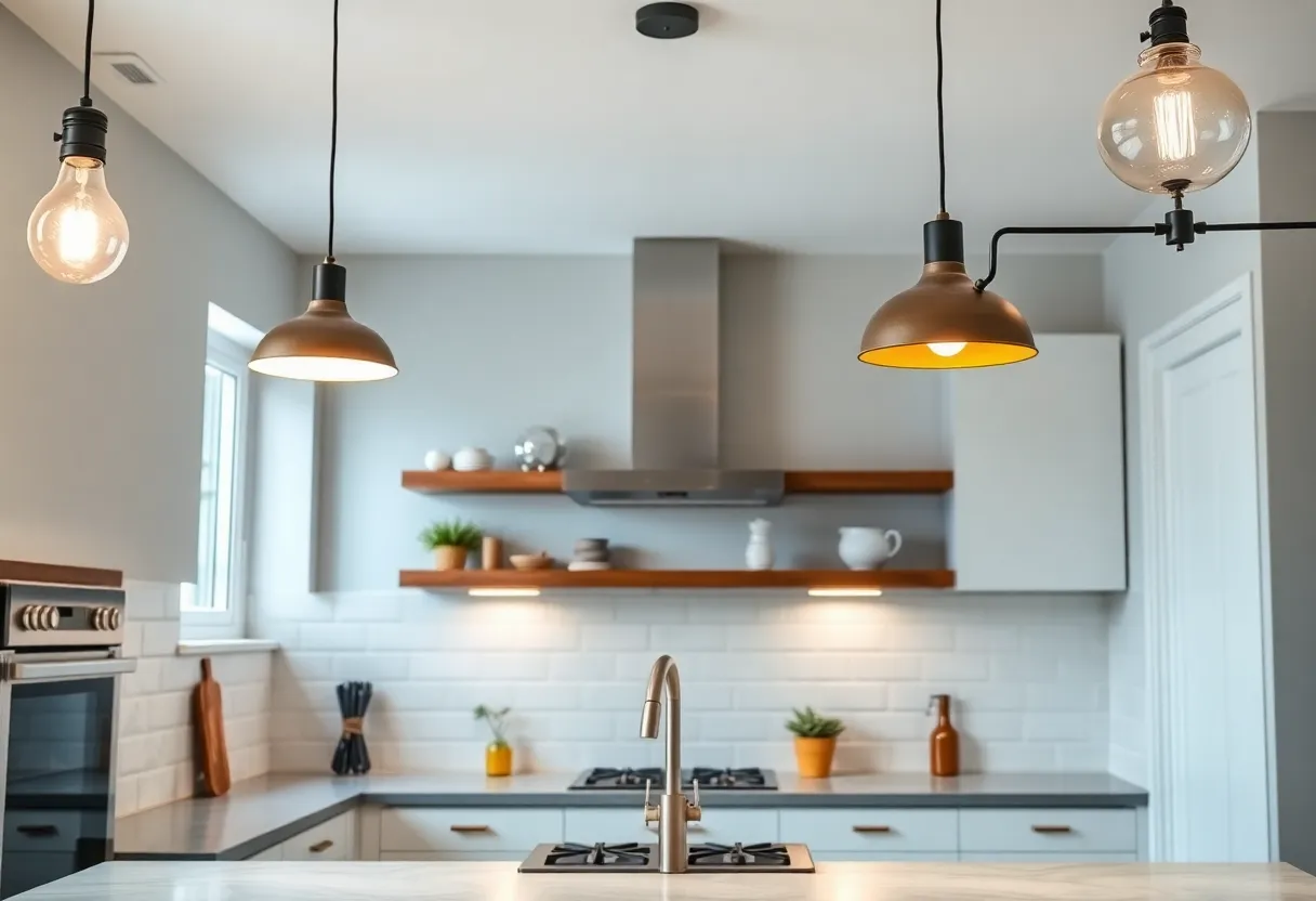 A contemporary kitchen with various lighting designs, including LED lights and vintage fixtures.