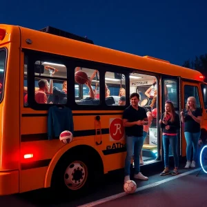 A mobile school bus adorned with LED lights promoting sports gear.