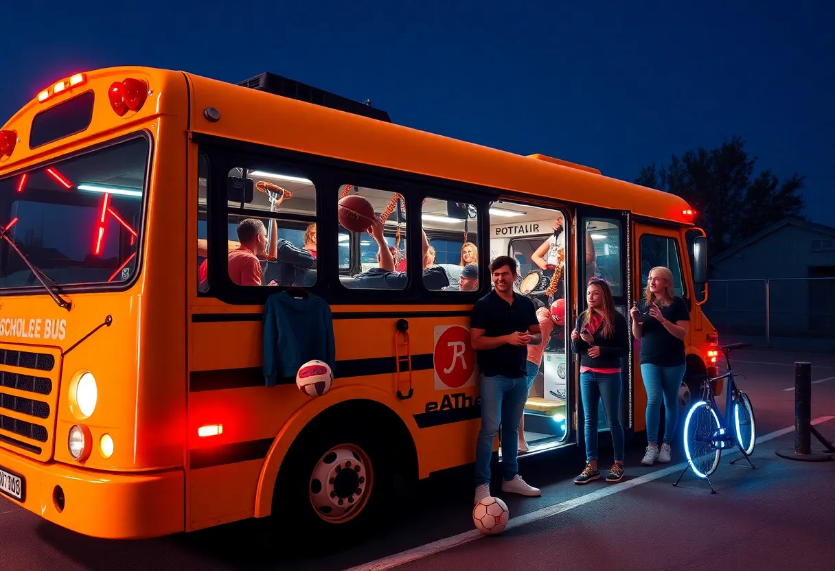 A mobile school bus adorned with LED lights promoting sports gear.