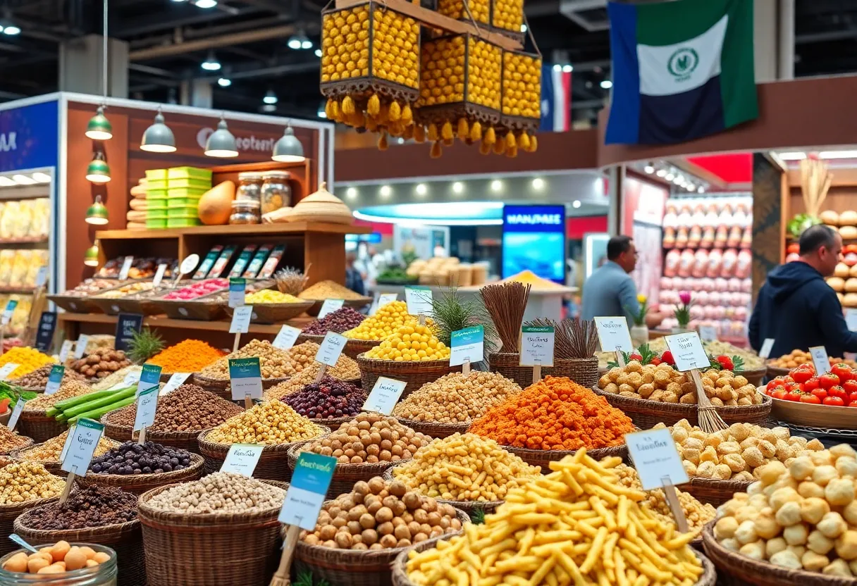 A vibrant array of international food products showcased at the Lipari Food Show in Novi, Michigan.