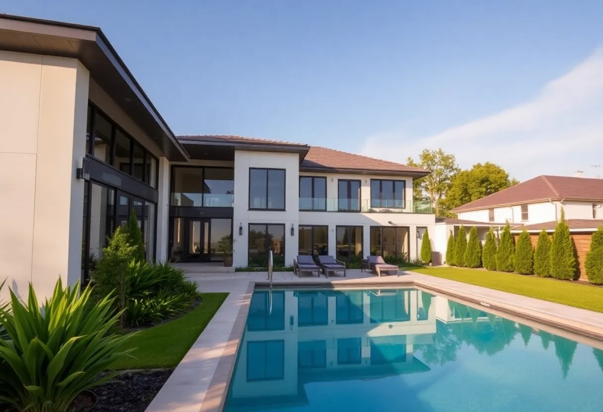 Exterior view of a luxury renovated home surrounded by landscaped gardens and a pool.