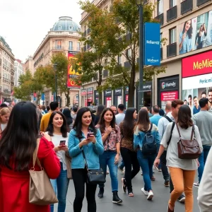 A bustling street in Madrid featuring influencers promoting brands on social media, illustrating the city's creative marketing landscape.