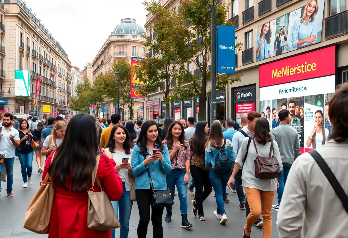 A bustling street in Madrid featuring influencers promoting brands on social media, illustrating the city's creative marketing landscape.