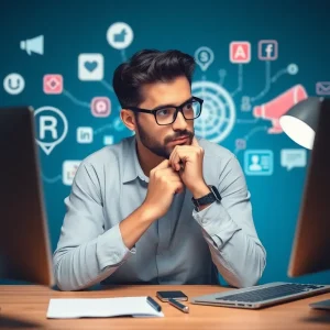 A marketer reviewing digital marketing skills with social media icons